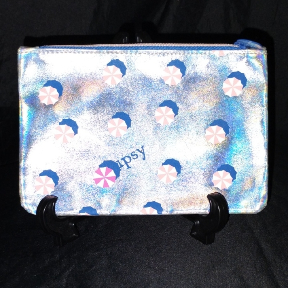 Ipsy Silver Holographic Bag with Pink and Blue Accents